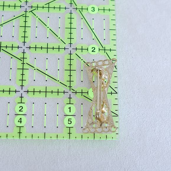 Vintage Filigree Bar Brooch Green Cabochons Pin Clasp Gift Keepsake - Picture 4 of 4